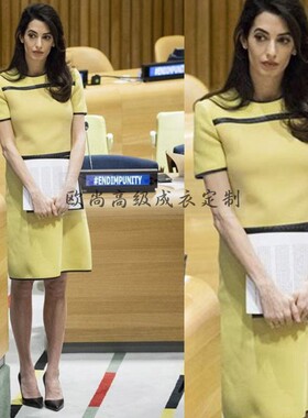 高端定制欧美大牌amal clooney同款拼接黄色连衣裙修身A字裙通勤