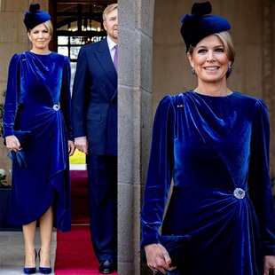 高端定制王妃同款宝蓝色丝绒连衣裙女长裙不对称设计时尚优雅春秋