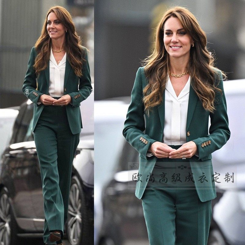 高级定制凯特王妃同款墨绿色羊毛西装套装裤女修身职业干练通勤秋