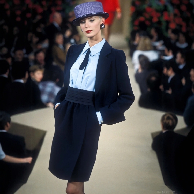 高级定制秀场同款藏青色纯羊毛西装外套+高腰半裙时尚套装裙大牌