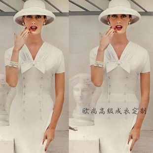高级定制欧美复古白色双排扣连衣裙长款修身包臀V领法式优雅