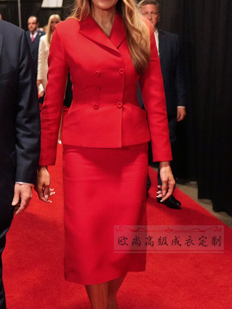 高级定制双排扣西装外套半裙气质优雅时尚羊毛红色西服套装裙秋冬