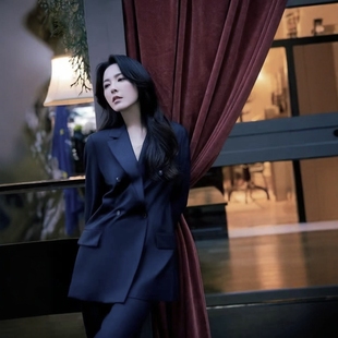 两件套装 高端定制明星曾黎同款 阔腿裤 藏蓝色羊毛西装 外套长款