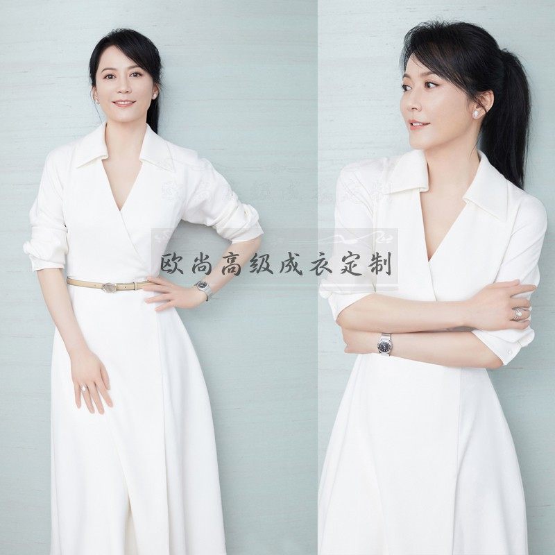 高级成衣定制俞飞鸿同款白色羊毛连衣裙V领优雅端庄大方长款秋冬