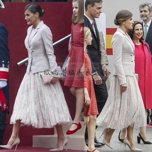 高端定制西班牙王后同款淡粉色羊毛西装外套蕾丝半裙两件套装裙秋