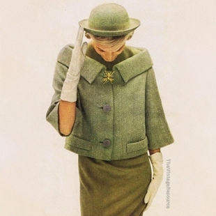 高级定制1950S优雅浅绿色人字纹羊毛一字肩外套+连衣裙两件套装裙