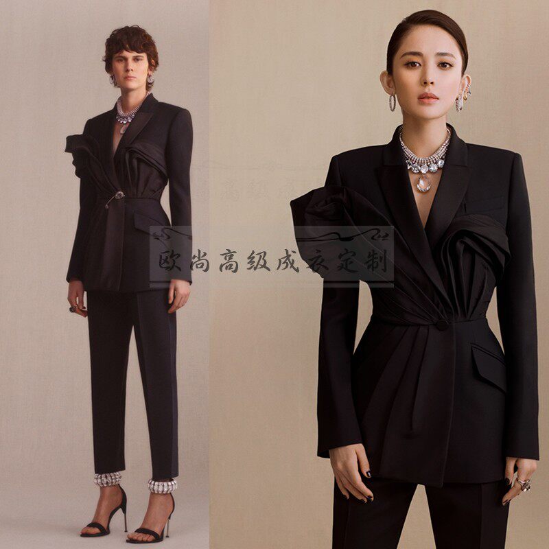 高端定制明星古力娜扎同款拼接缎面黑色西装套装女个性裁剪修身秋