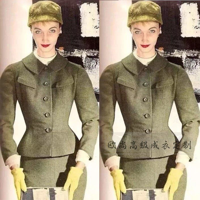 经典复古浅军绿色全羊毛夹克外套+半裙优雅套装裙女修身显瘦秋冬