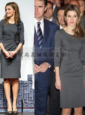 高端定制西班牙王后同款深灰色不对称褶皱连衣裙女修身七分袖及膝