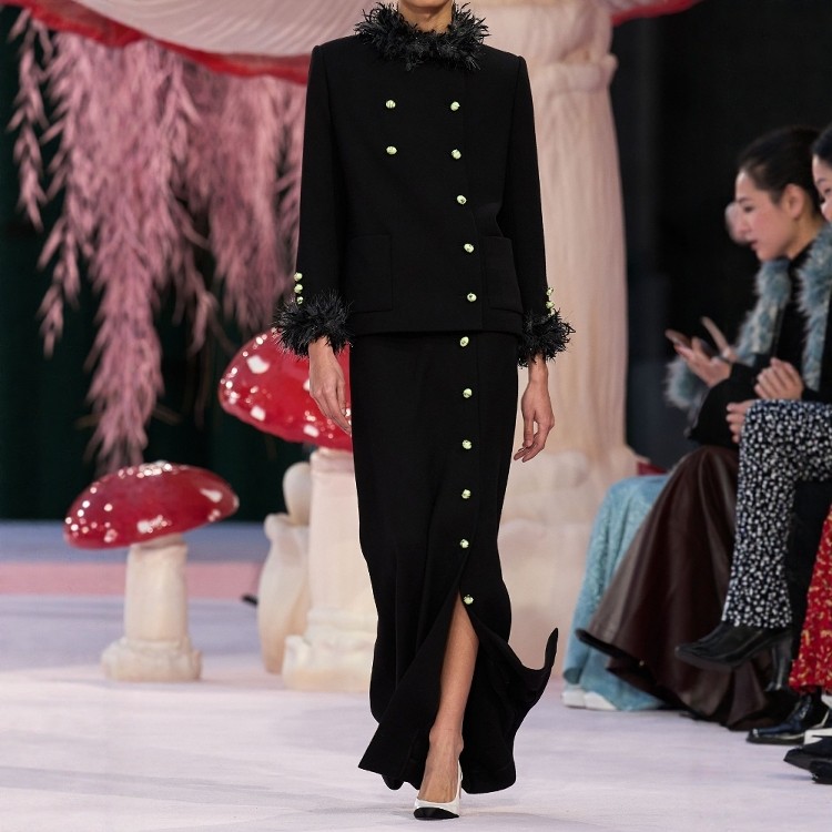 高级定制拼羽毛黑色100%小山羊绒西装夹克外套+长半裙大牌套装裙