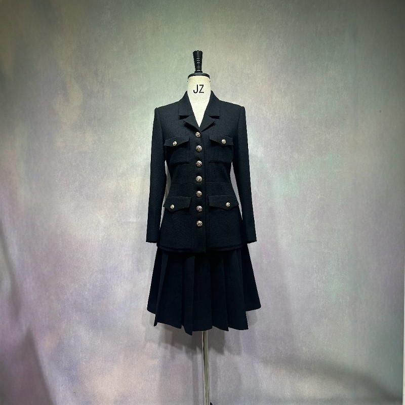 高级定制纯羊毛夹克黑色西装外套百褶中短半裙优雅时尚套装裙修身