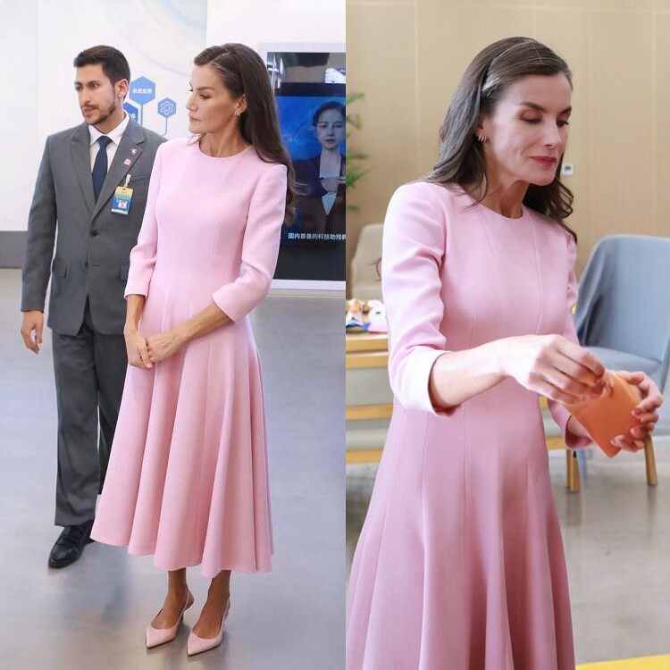 西班牙王后同款七分袖粉紫色羊毛连衣裙长款修身显瘦大摆长裙秋冬