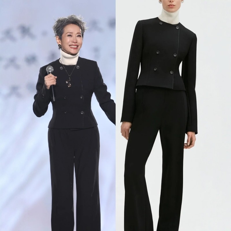 叶童明星同款黑色纯羊毛圆领夹克西装外套裤子时尚套装修身通勤OL