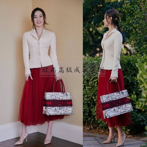 高级定制霍思燕同款米白丝毛单排扣西装外套红色网纱半裙时尚套装