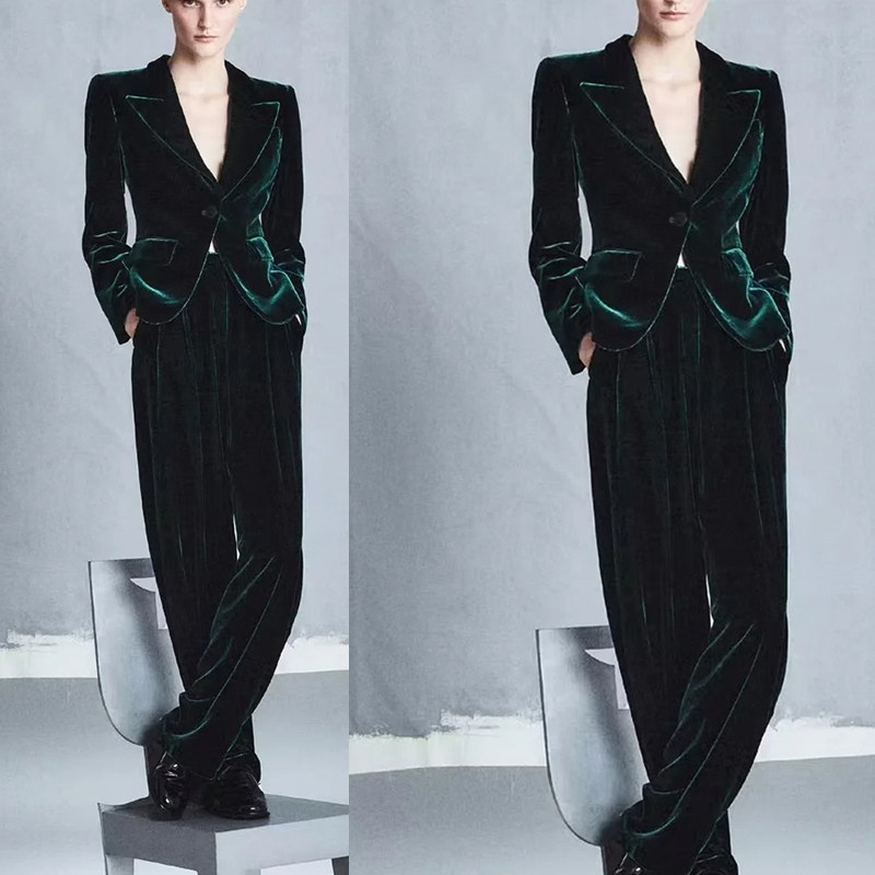 高端定制墨绿色丝绒西装套装阔腿裤两件修身显瘦高贵时尚通勤OL春
