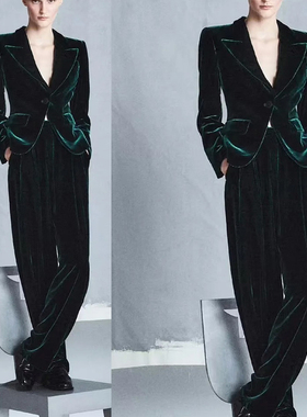 高端定制墨绿色丝绒西装套装阔腿裤两件修身显瘦高贵时尚通勤OL春