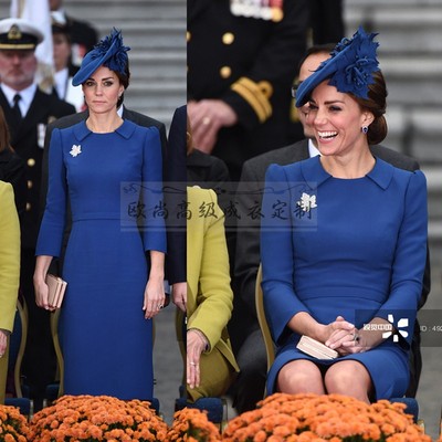 凯特王妃同款蓝色喇叭袖连衣裙女