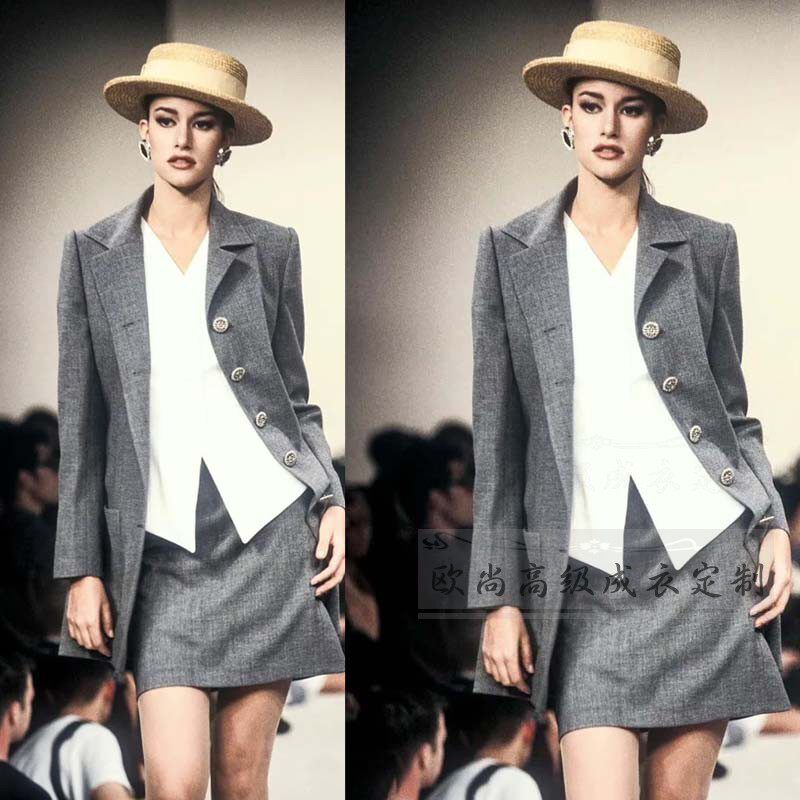 高端定制秀场经典深灰色西装外套女中长款+短裙职业三件西服套装