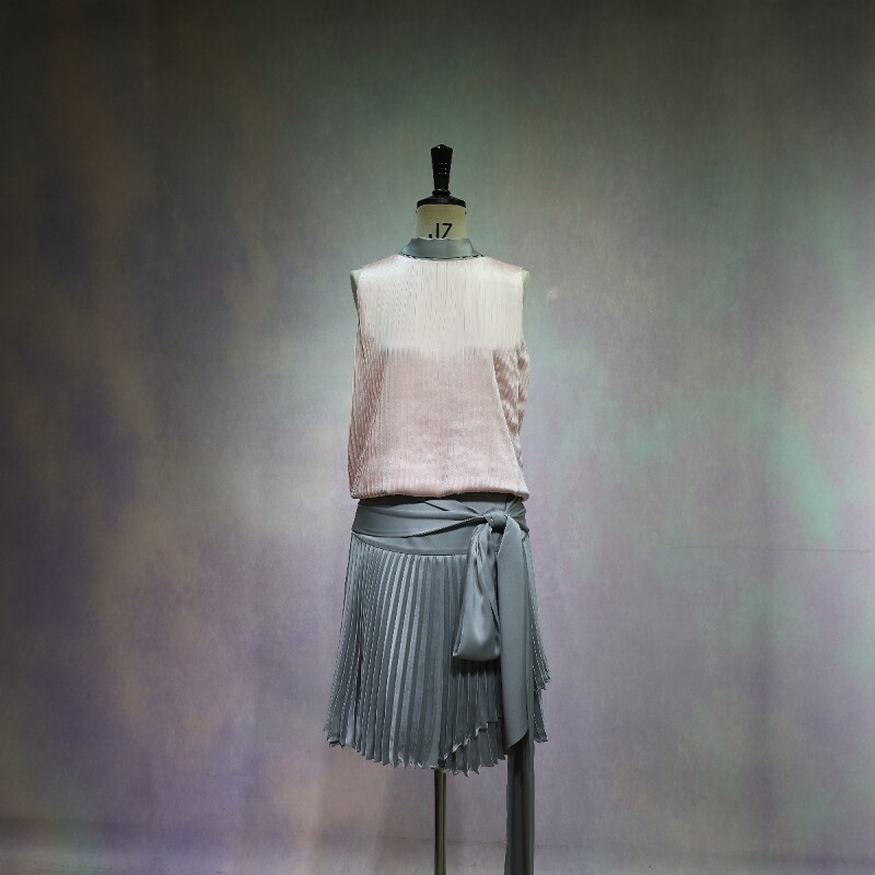 高级定制浅粉色褶皱真丝上衣+银灰色百褶半裙优雅法式套装裙夏季