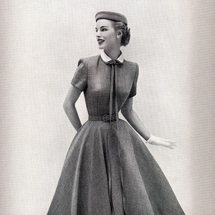 高级定制1950S经典款灰色精细羊毛短袖娃娃领连衣裙收腰大摆裙夏