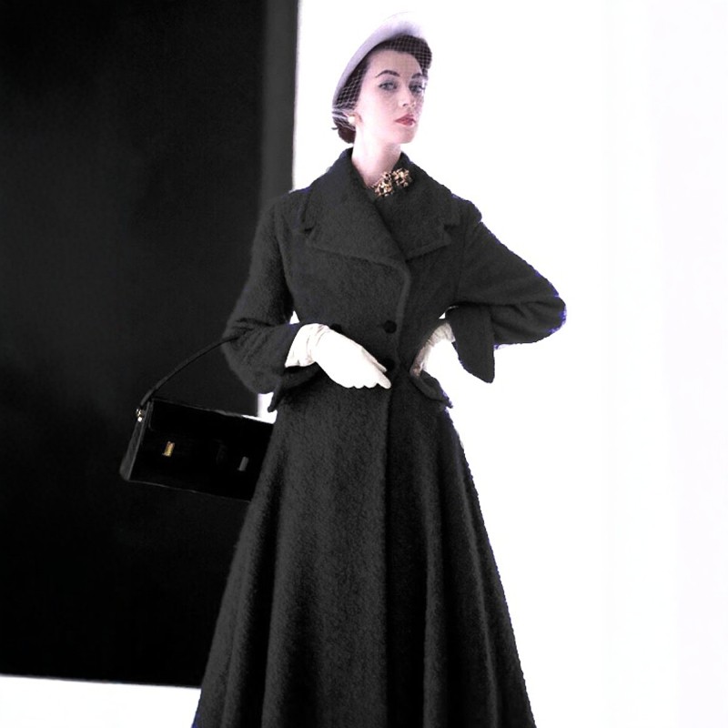 高端定制1950S优雅黑色纯羊毛复古大衣外套修身大摆长款秋冬大牌