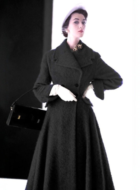 高端定制1950S优雅黑色纯羊毛复古大衣外套修身大摆长款秋冬大牌