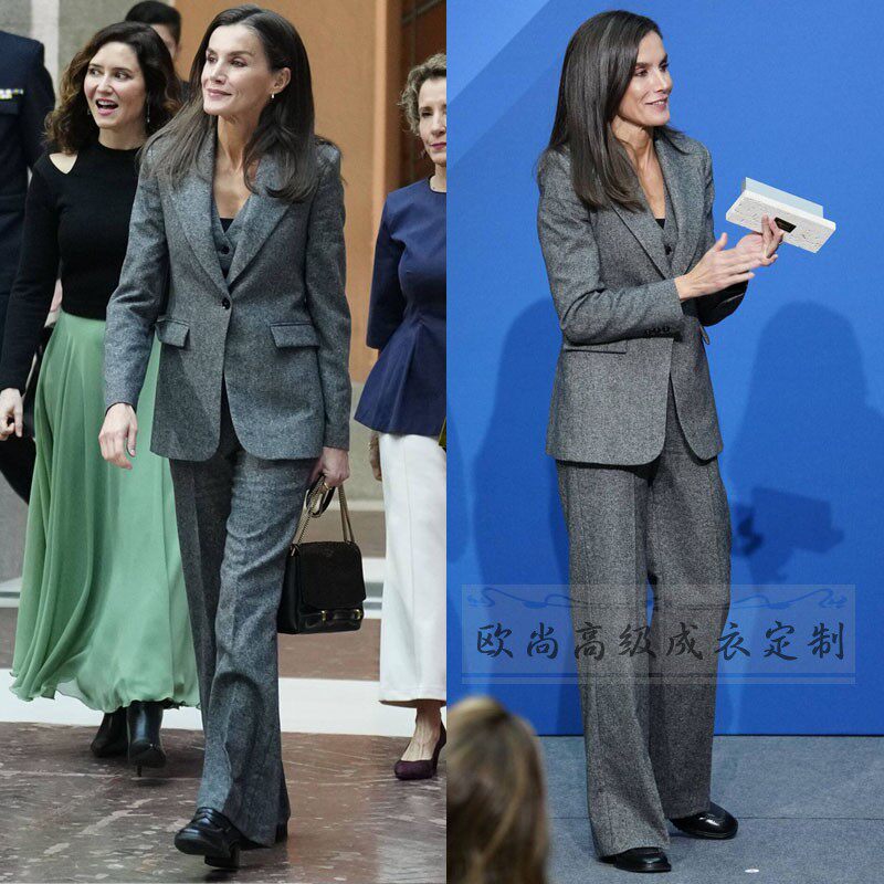 西班牙王后同款深灰色羊毛西装外套+马甲+长裤子商务西服高级套装