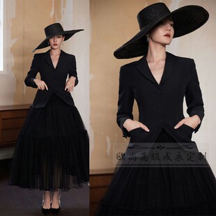 套装 外套纱裙经典 裙复古摩登大牌秋 黑色羊毛西装 高级定制热巴同款