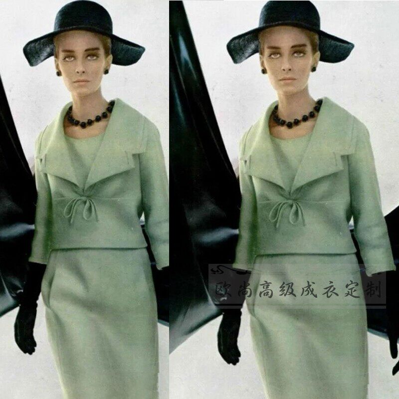 大牌复古浅绿色羊毛西装套装裙冬