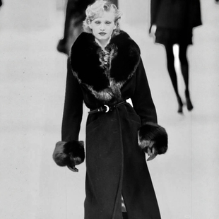 高级定制秀场同款黑色狐狸毛青果领羊毛羊绒大衣冬单排扣长款奢华