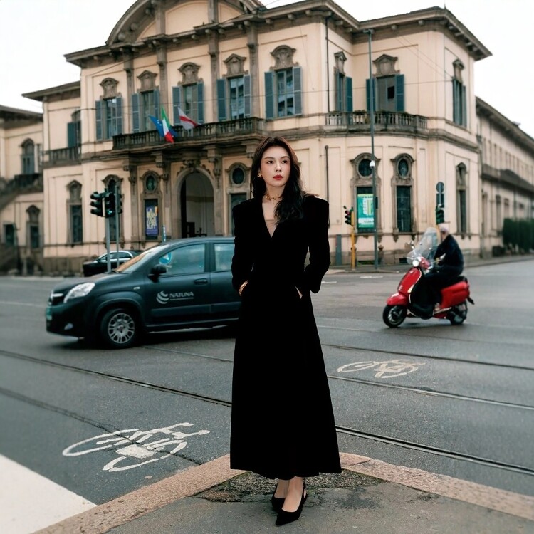 高端定制明星同款黑色翻领丝绒西装大衣外套女宽松系带大摆长款冬