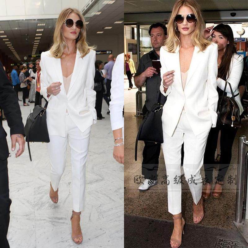 高级定制欧美街拍明星同款白色帅气西装套装女九分小脚裤时尚干练