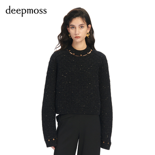 deepmoss 2023秋冬新款 女装 卫衣 时尚 细闪镂空领套头羊毛针织衫