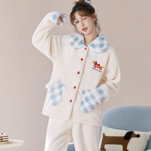 可外穿秋冬天韩系甜美萌趣可爱法兰绒睡衣女学生暖绒保暖家居服