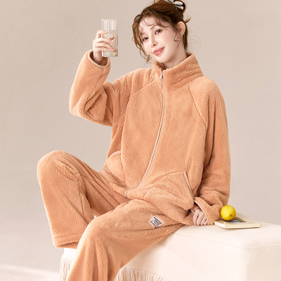 毛茸茸简约舒适立领学生秋冬天可外穿女法兰绒保暖家居服睡衣套装