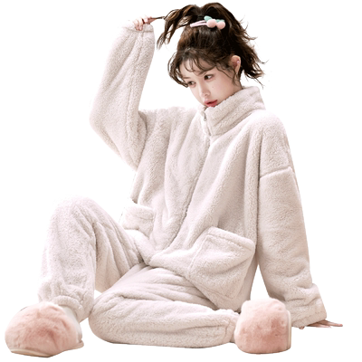 女珊瑚绒加厚保暖纯色套装雪花绒大码秋冬法兰绒睡衣可外穿家居服