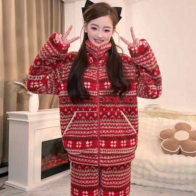 圣诞圆舞曲秋冬新款氛围感女暖绒保暖可外穿法兰绒睡衣家居服套装