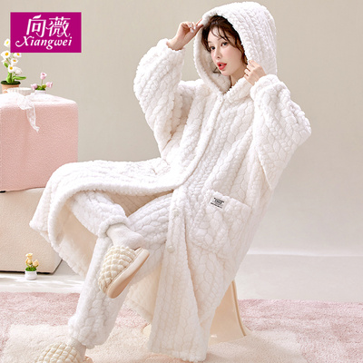 暖绒保暖长款女士连帽珊瑚绒家居服可外穿法兰绒睡袍冬天长毛睡衣