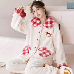 萌趣可爱韩系甜美保暖可外穿秋冬天法兰绒睡衣女加绒加厚家居服