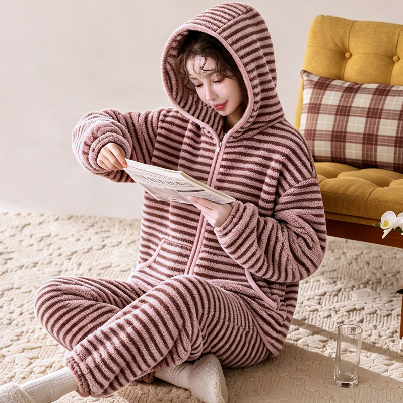 撞色条纹韩系慵懒风条纹连帽睡衣女冬季法兰绒毛绒居家服两件套