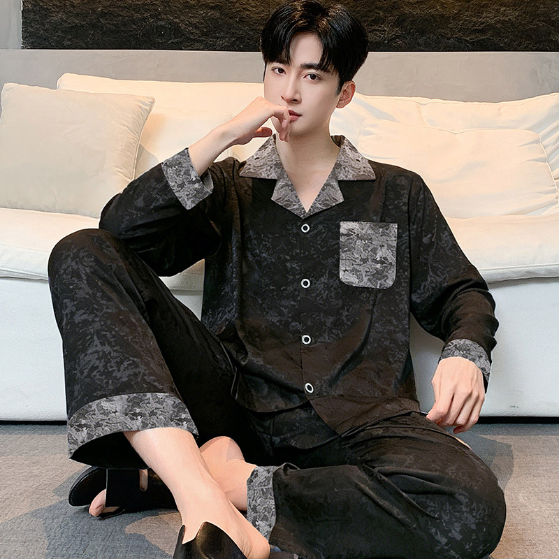 男士高级感撞色提花丝质睡衣春夏天可外穿长袖凉感冰丝家居服套装