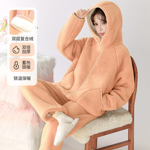 冬季可外穿连帽蓄热保暖加绒加厚法兰绒睡衣女士宽松休闲家居服