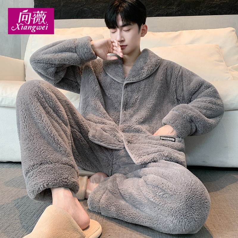 秋冬新款男士雪花绒睡衣可外穿休闲宽松加绒加厚法兰绒家居服套装