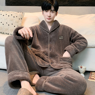 新款 法兰绒睡衣两件套 男青年休闲高密暖绒可外穿保暖家居服秋冬季