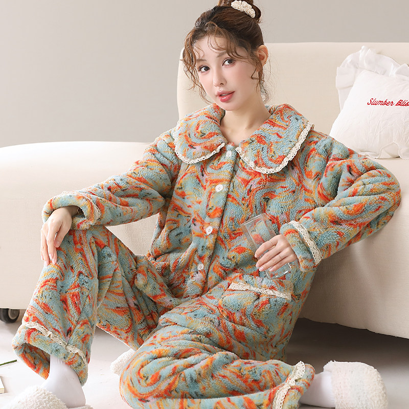 蕾丝花边氛围感秋冬天莎粒绒家居服女士可外穿珊瑚绒睡衣套装