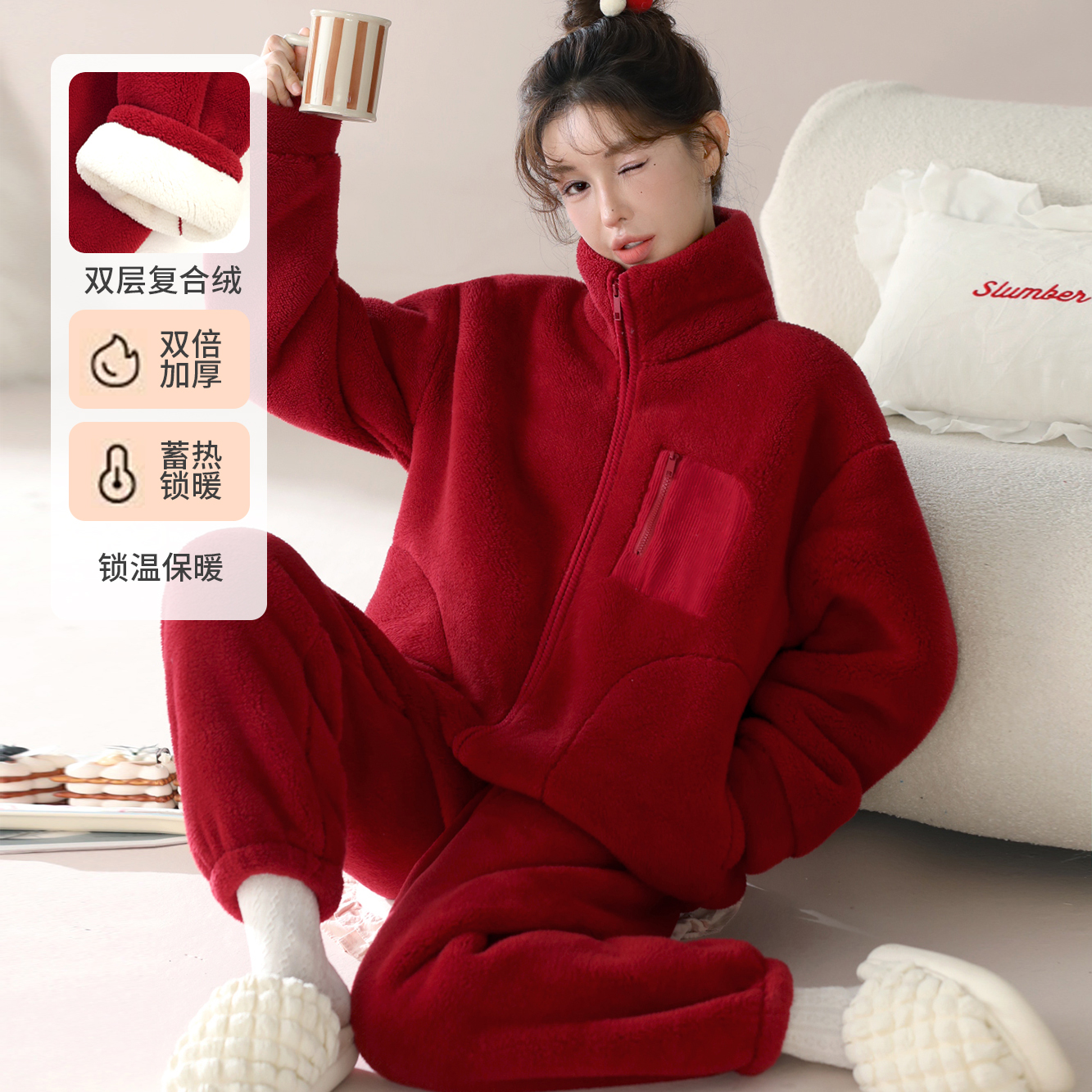 新款秋冬天双层复合绒防寒保暖加绒加厚法兰绒家居服睡衣套装女