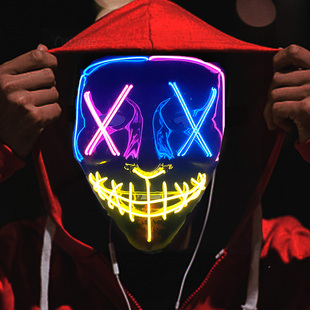 万圣节全脸LED发光面具V字带血三色双叉眼舞会派对表演鬼脸EL面具