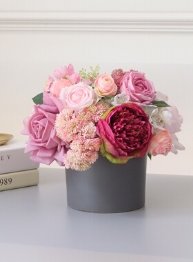 花盟玫瑰牡丹仿真花艺组合套装假花绢花灰色陶瓷花瓶样板房摆件