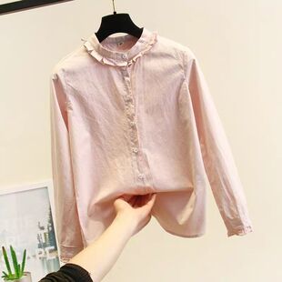 打底衬衫 小清新纯棉白衬衣女木耳花边立领情人花长袖 新款 2020春装