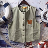 日系软妹学院风童趣可爱小熊刺绣多口袋工装 外穿马夹马甲背心少女